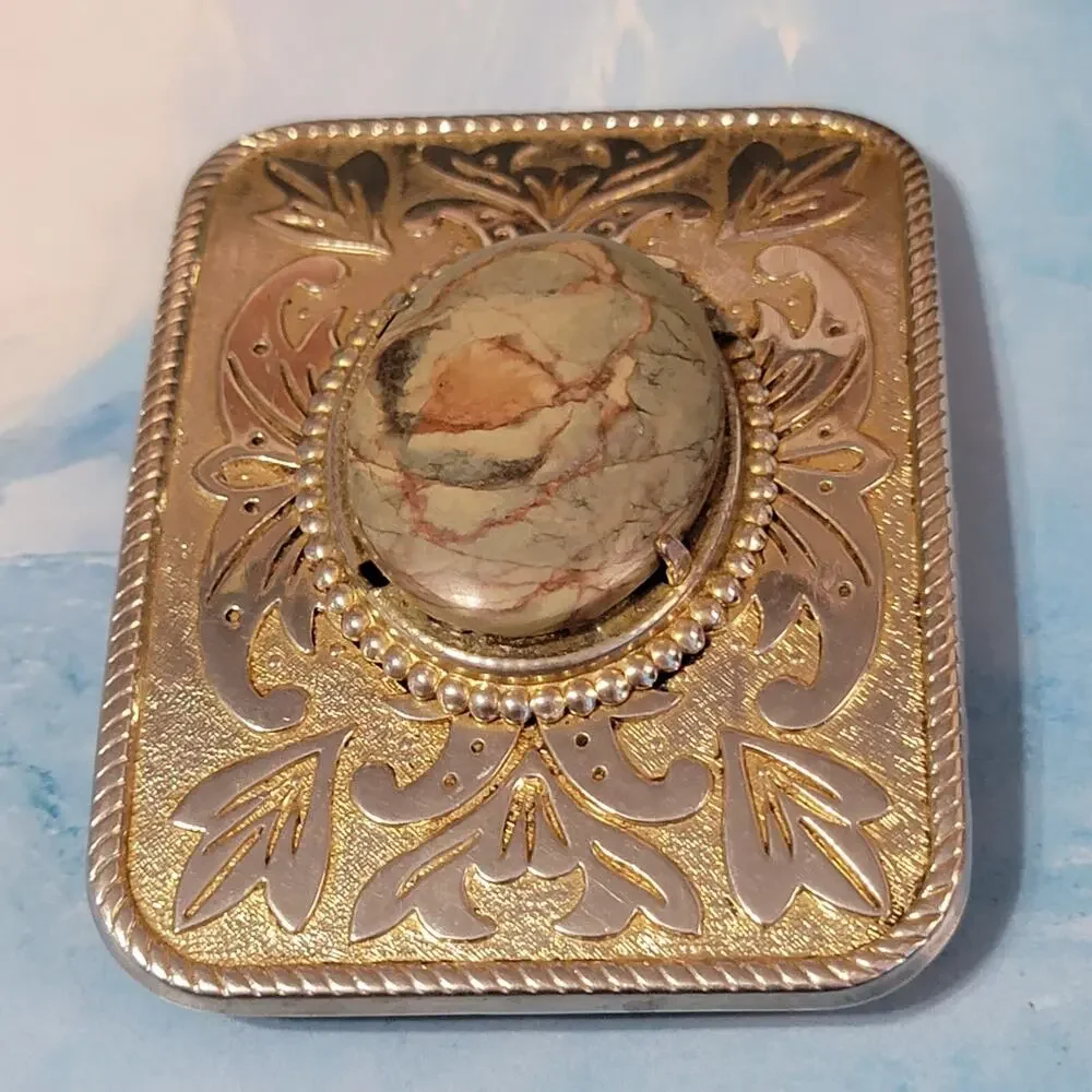 Vintage Brassy Silver-tone Large Belt Buckle‎ Agate 3.75